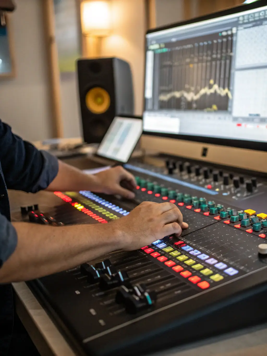 A sound engineer working in a professional audio mixing environment, adjusting levels and adding effects to a video soundtrack.