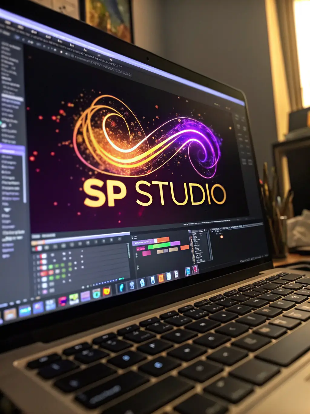 A vibrant animation sequence being created on a computer screen, showcasing dynamic motion graphics and visual effects.