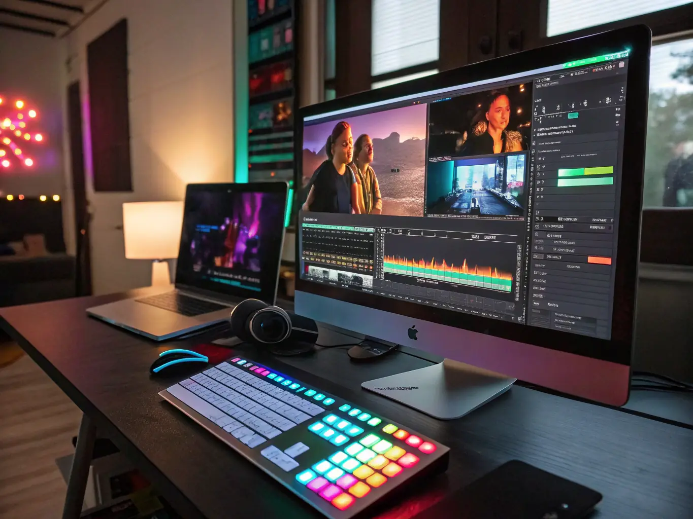 A digital illustration showing video editing software interface with timelines, audio waveforms, and video previews, representing the video editing and post-production phase.